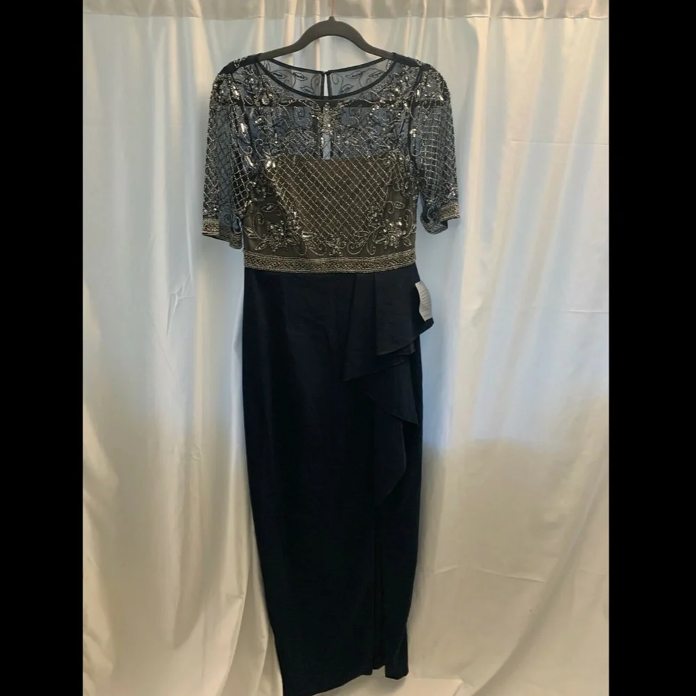 NEW Adrianna Papell Beaded Cascading Ruffle Gown in Midnight Blue [ SZ 4 ]‎